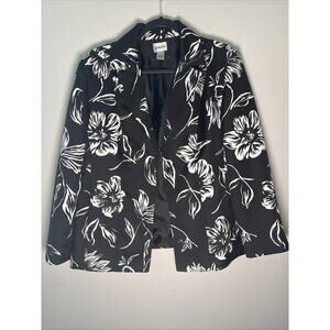 Chicos Black White Floral Jacket Hook & Eye Closure Lined Size 2